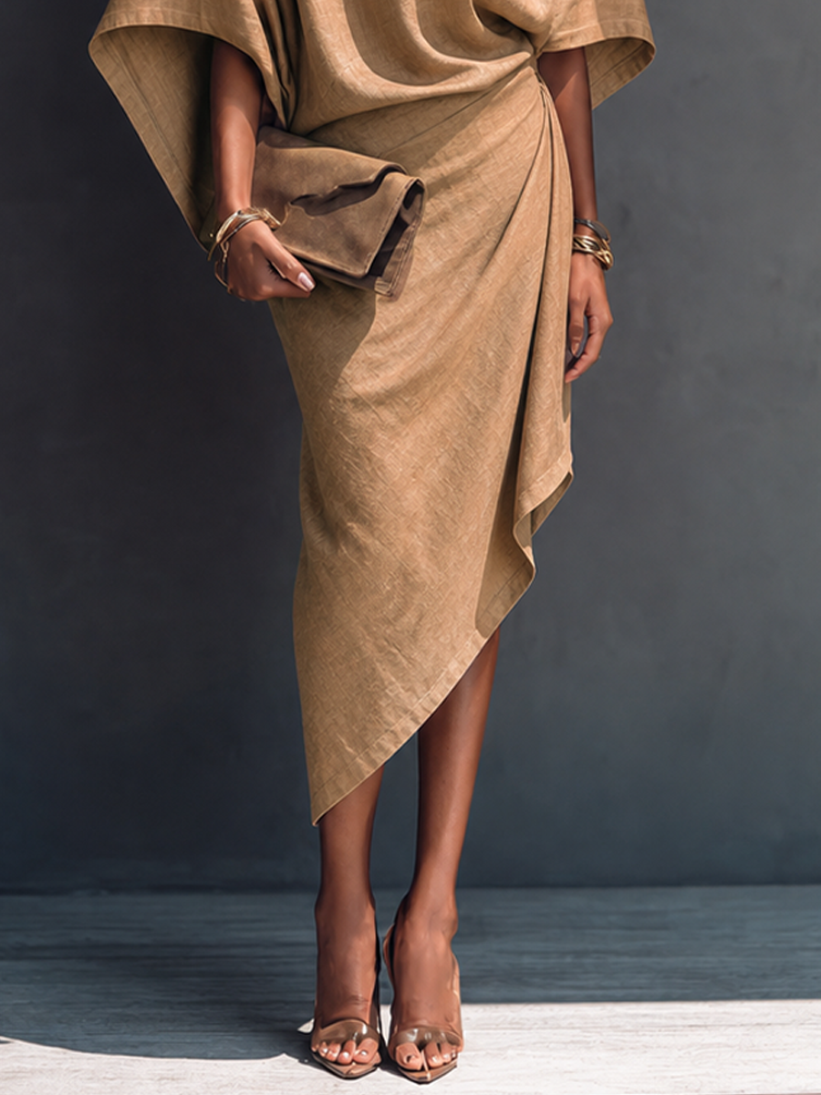 Women's Khaki Linen Short Sleeve Asymmetric Midi Dress – ModClo