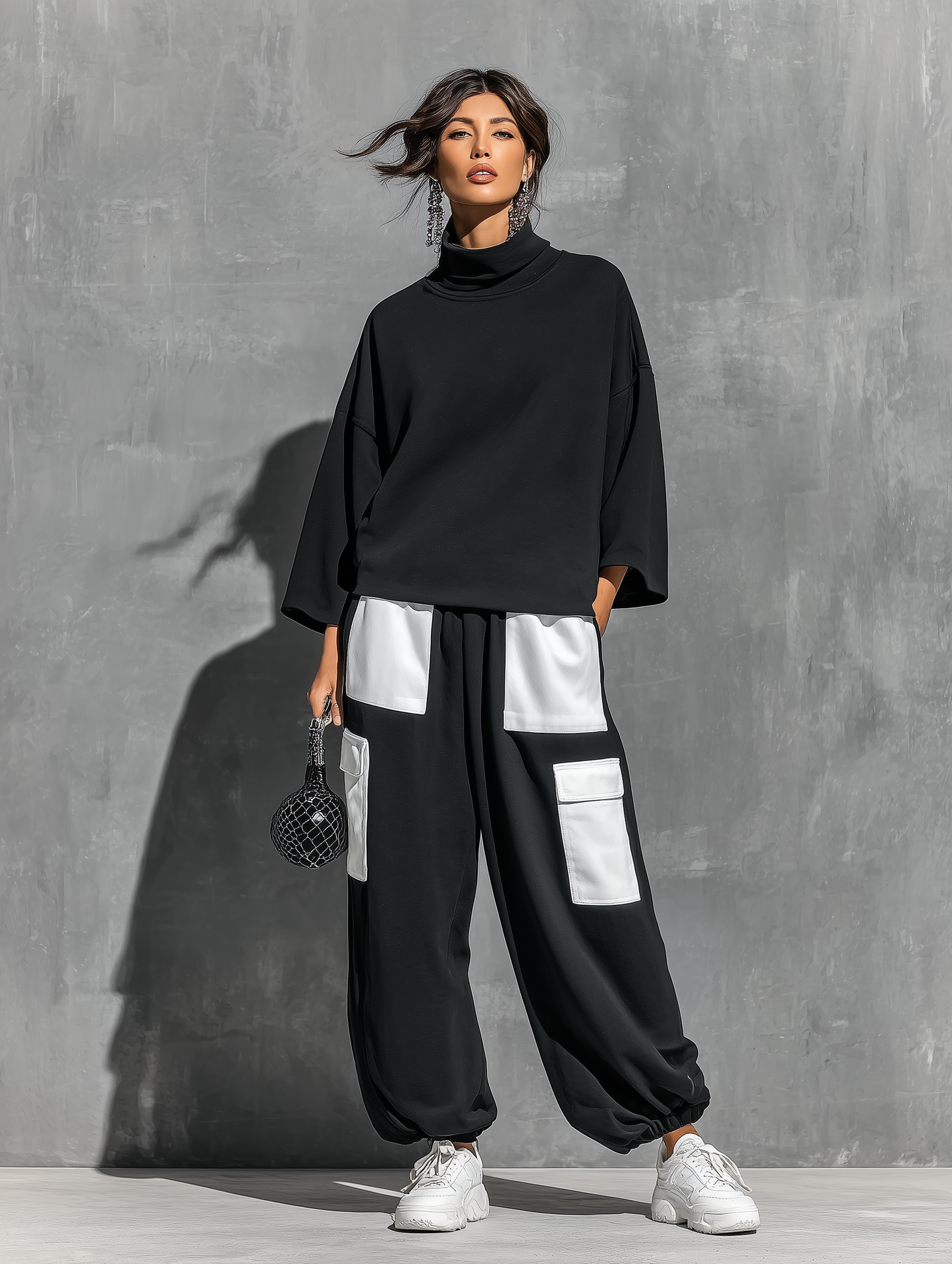 Women's Black Cotton High Neck Oversized Set – ModClo