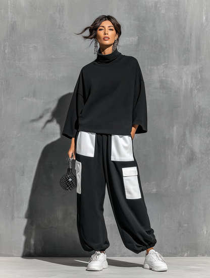 Women's Black Cotton High Neck Oversized Set – ModClo
