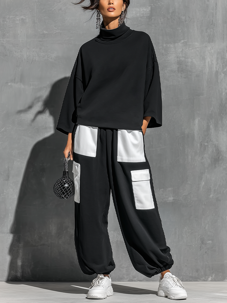 Women's Black Cotton High Neck Oversized Set – ModClo