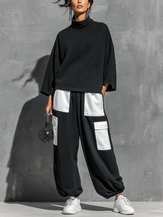Women's Black Cotton High Neck Oversized Set – ModClo