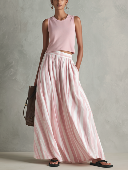 Women's Pink Knit Round Neck Sleeveless Maxi Skirt – ModClo