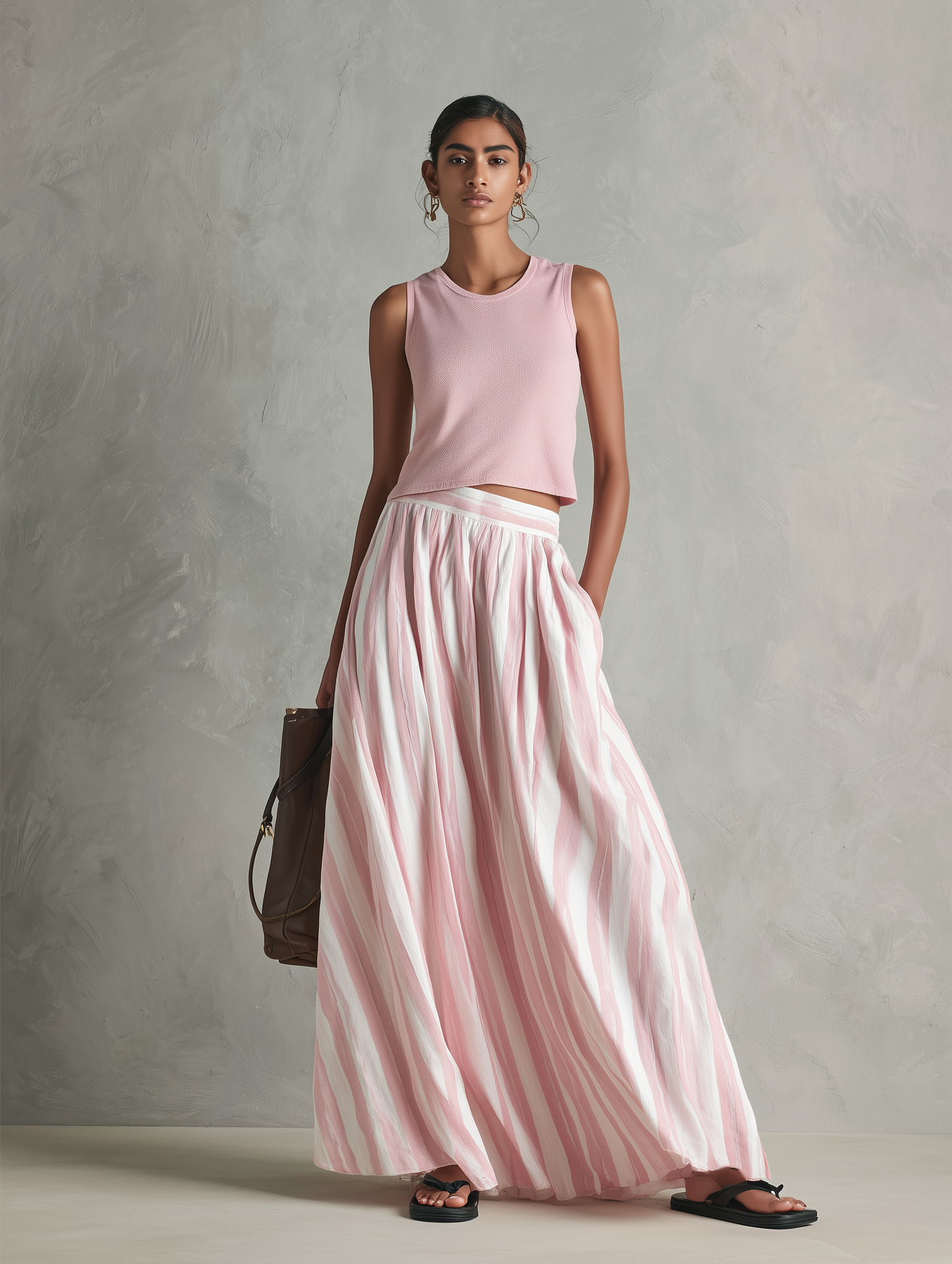 Women's Pink Knit Round Neck Sleeveless Maxi Skirt – ModClo