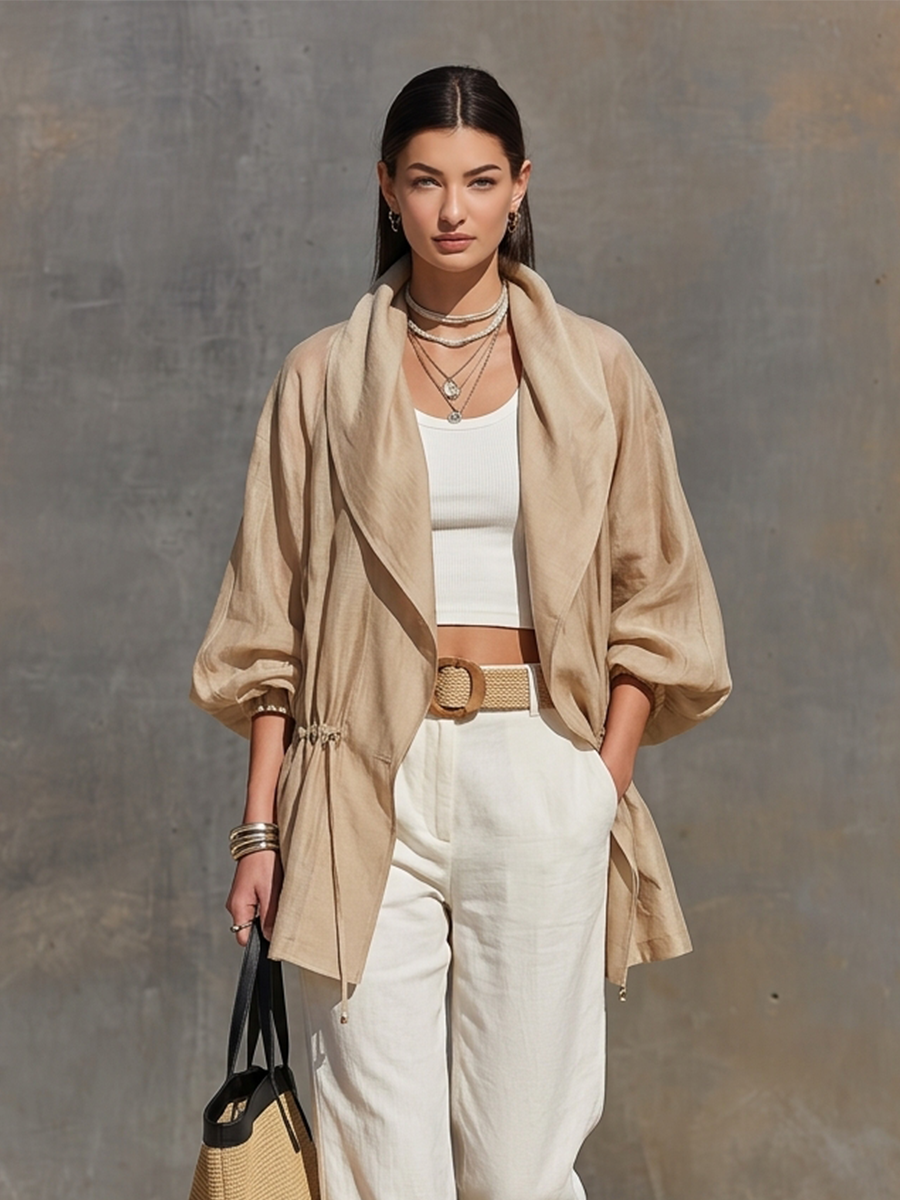 Women's Khaki Linen Lapel Oversized Jacket – ModClo