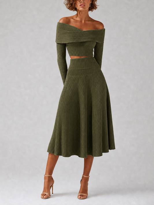 Women's Green Knit Long Sleeve Skirt Set – ModClo