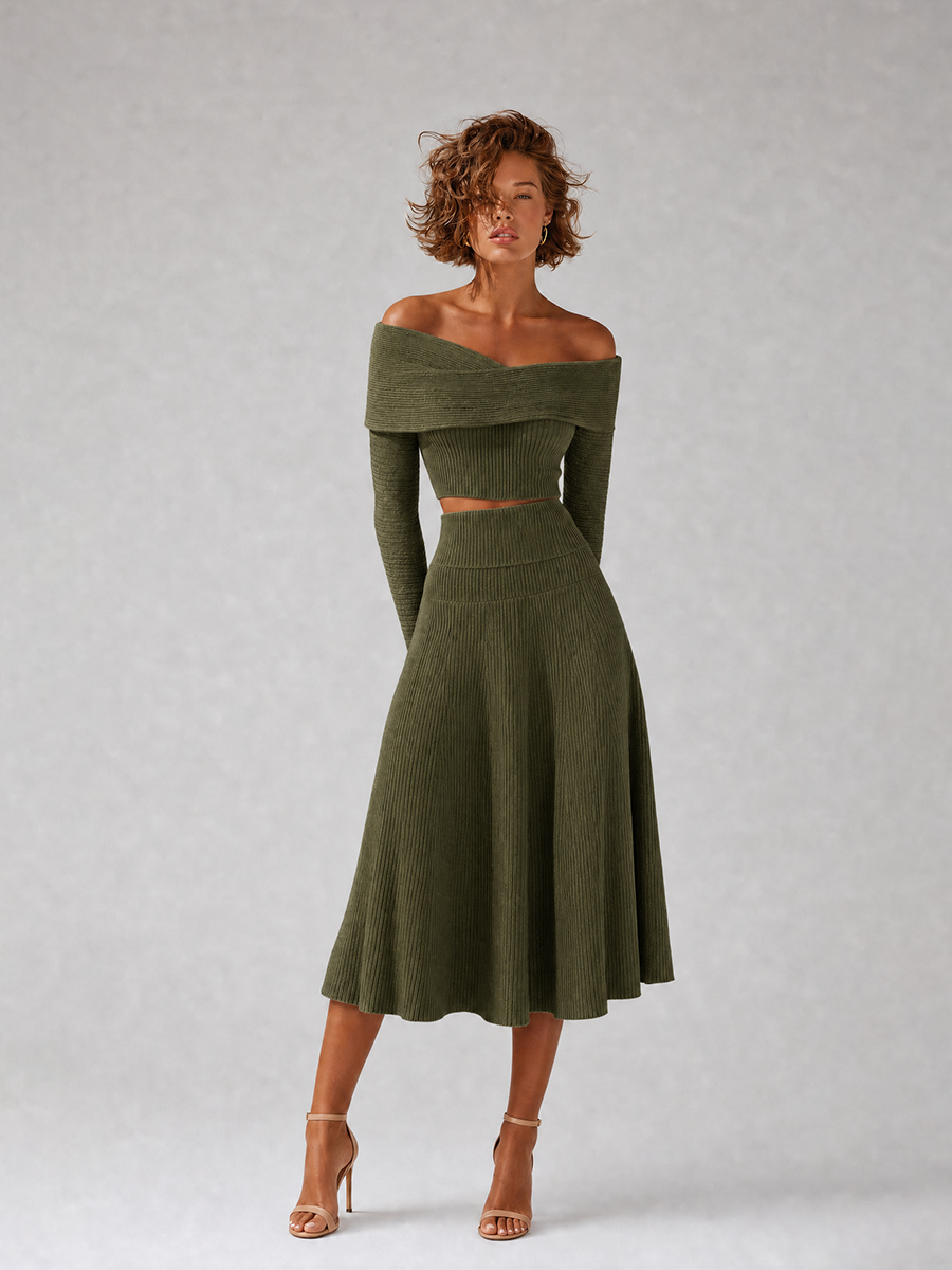 Women's Green Knit Long Sleeve Skirt Set – ModClo