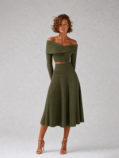 Women's Green Knit Long Sleeve Skirt Set – ModClo