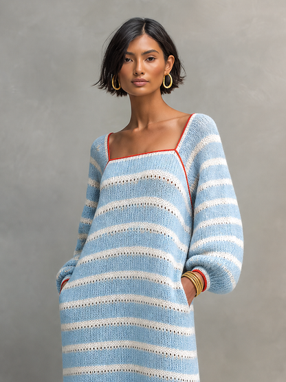 Women's Square Neck Long Sleeve Striped Sweater Dress – ModClo