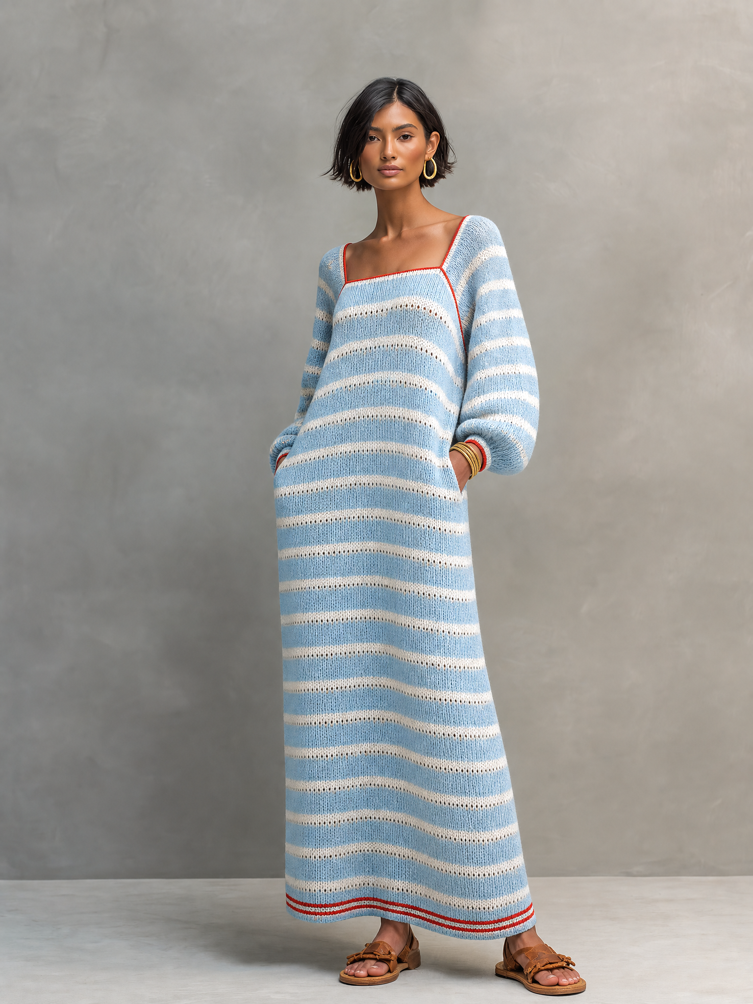 Women's Square Neck Long Sleeve Striped Sweater Dress – ModClo