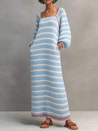 Women's Square Neck Long Sleeve Striped Sweater Dress – ModClo