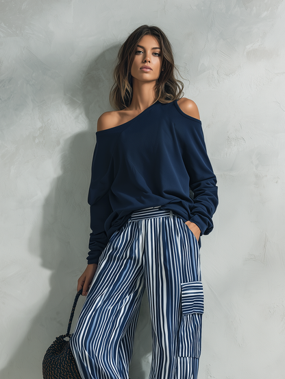 Women's White Woven Striped Set – ModClo