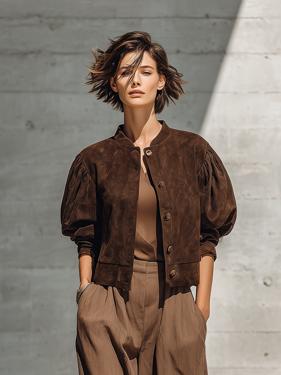 Women's Brown Puff Sleeve Stand Collar Jacket – ModClo