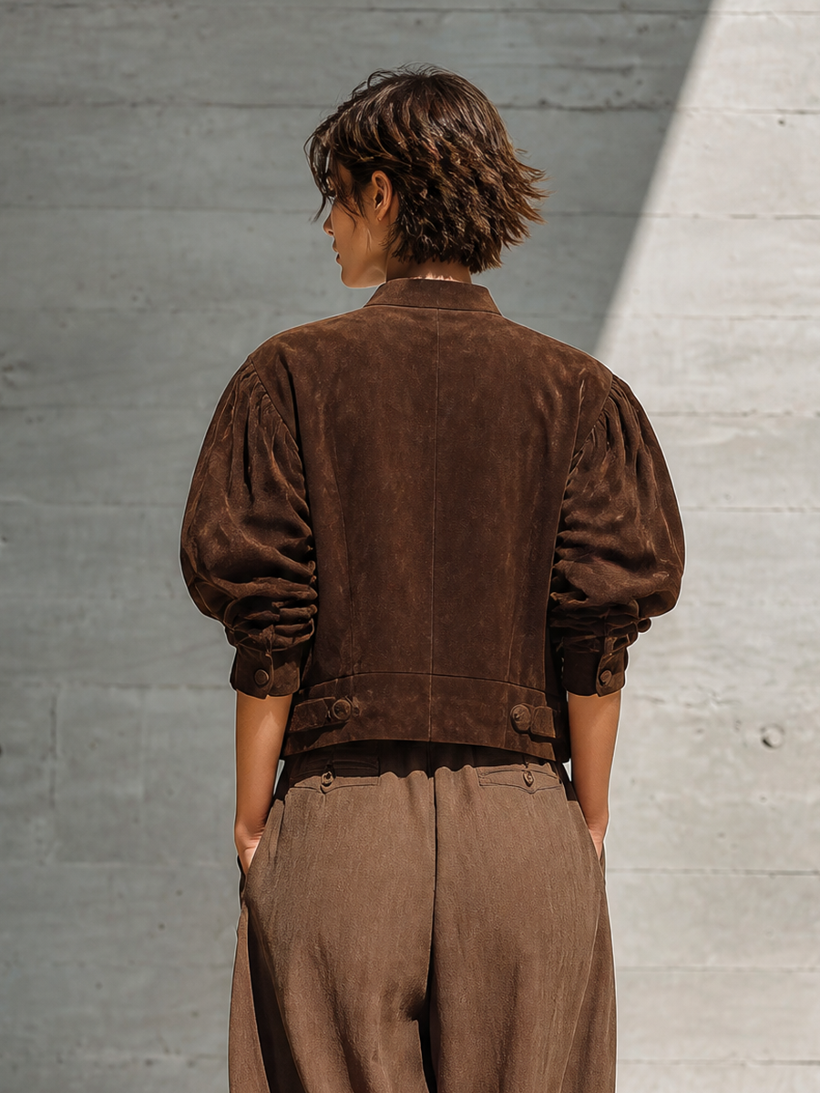 Women's Brown Puff Sleeve Stand Collar Jacket – ModClo