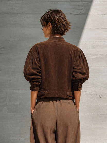Women's Brown Puff Sleeve Stand Collar Jacket – ModClo