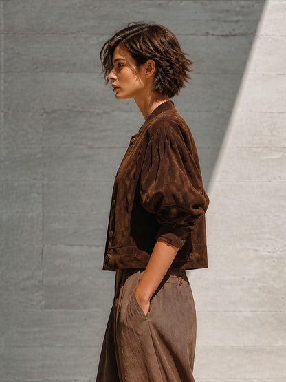 Women's Brown Puff Sleeve Stand Collar Jacket – ModClo