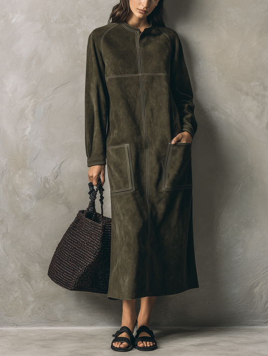 Women's Green Suede Long Sleeve Maxi Dress – ModClo