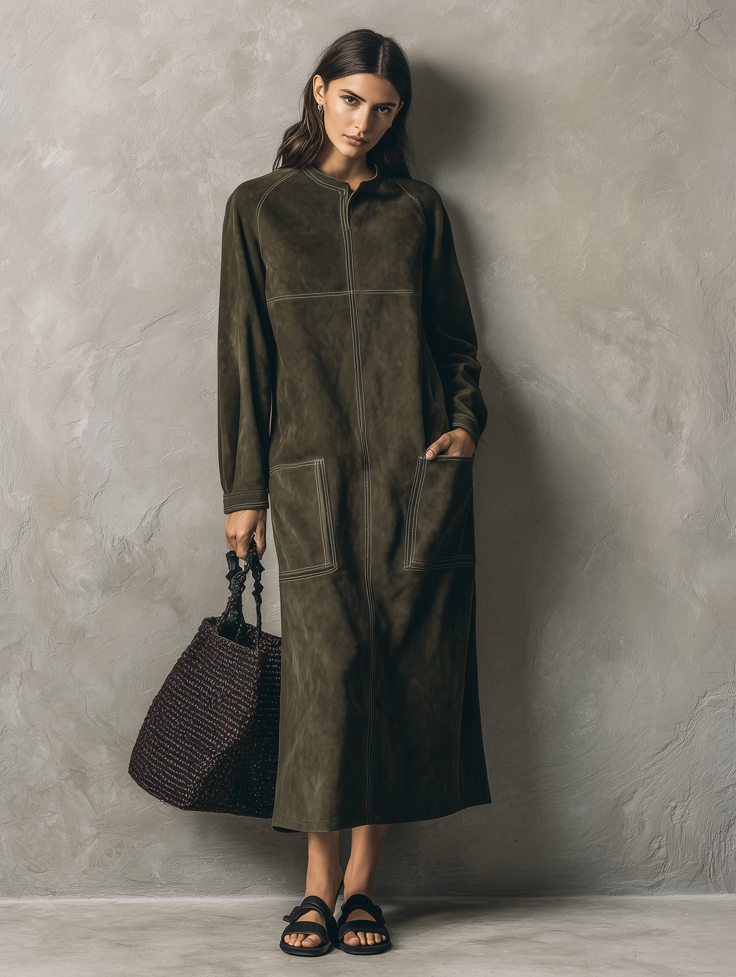 Women's Green Suede Long Sleeve Maxi Dress – ModClo