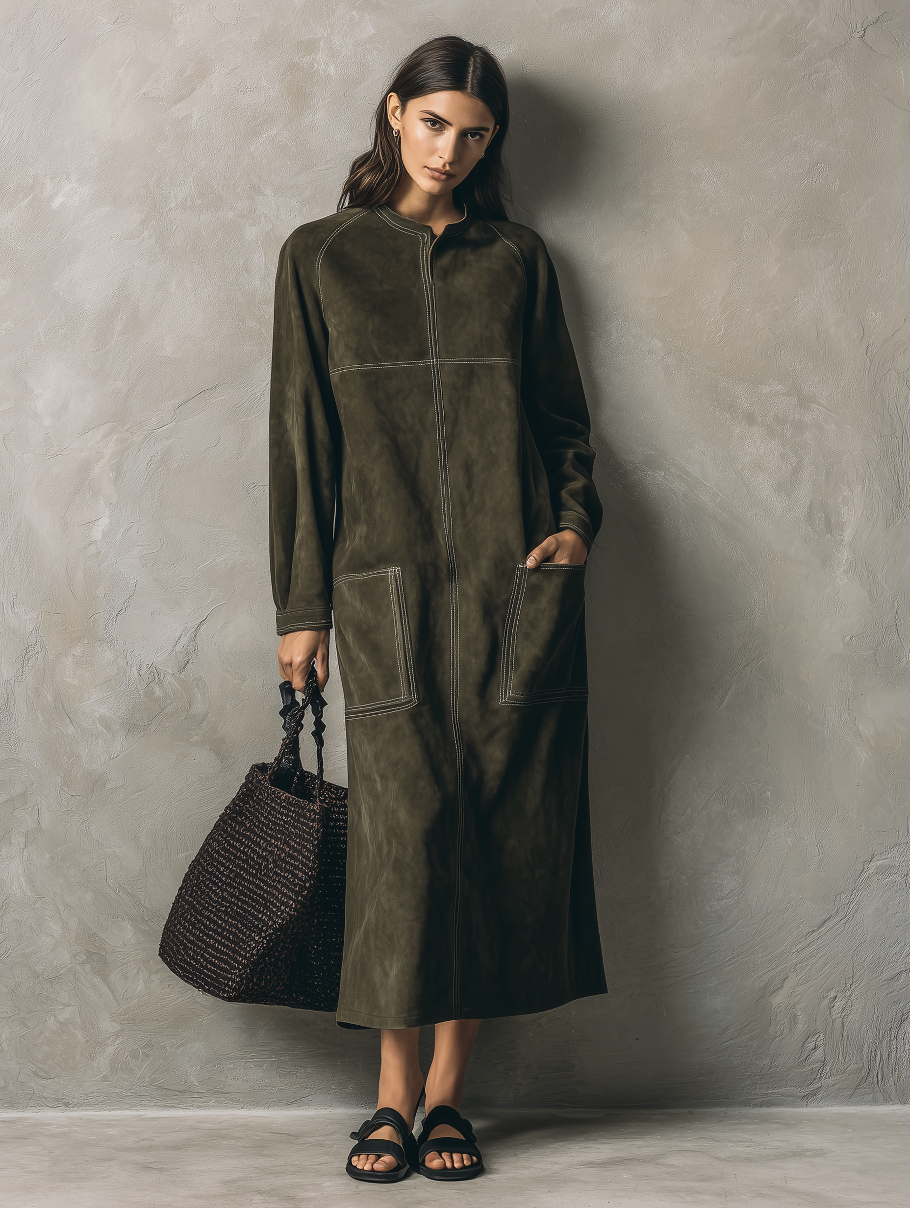 Women's Green Suede Long Sleeve Maxi Dress – ModClo