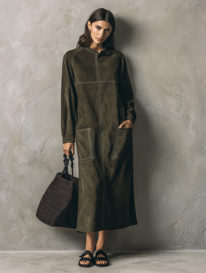 Women's Green Suede Long Sleeve Maxi Dress – ModClo