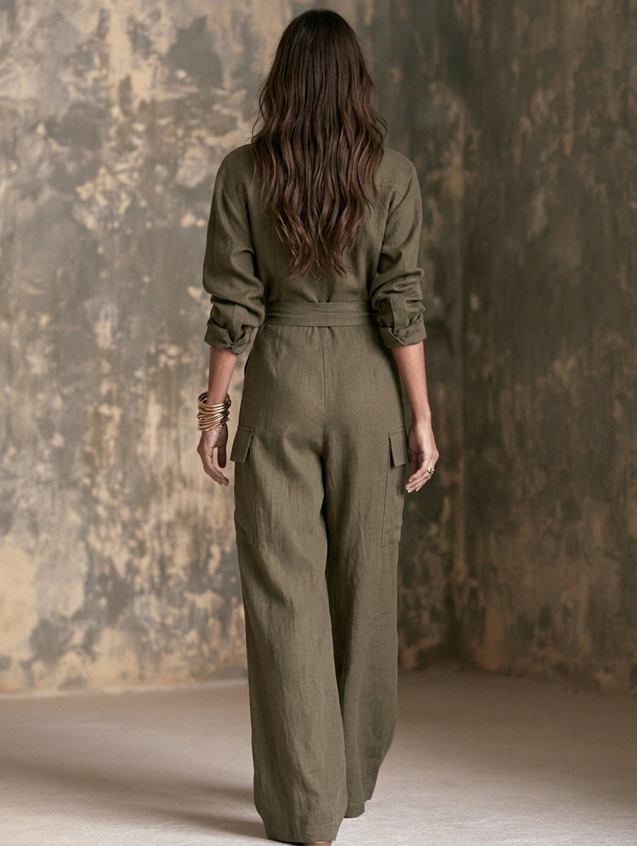 Women's Green Linen Long Sleeve Jumpsuit – ModClo