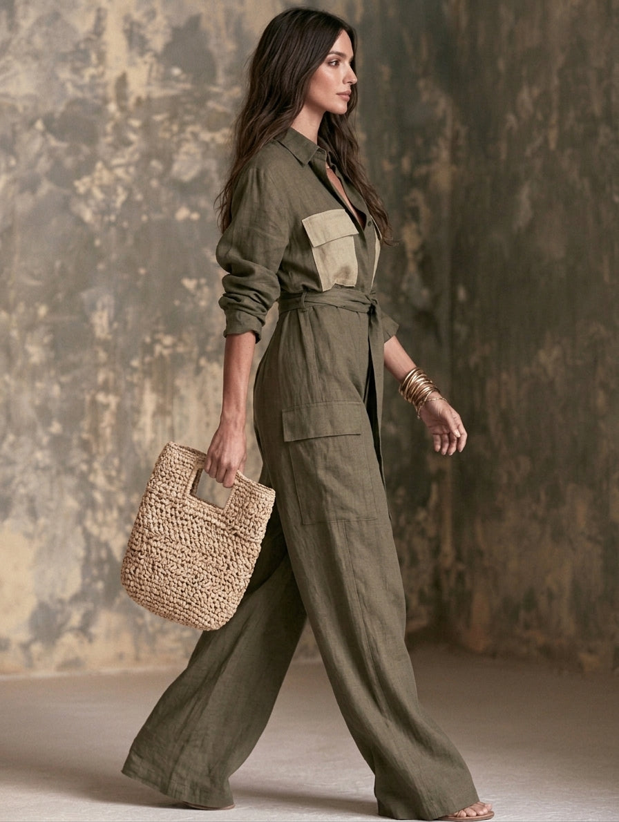 Women's Green Linen Long Sleeve Jumpsuit – ModClo