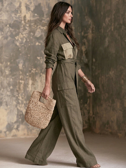 Women's Green Linen Long Sleeve Jumpsuit – ModClo
