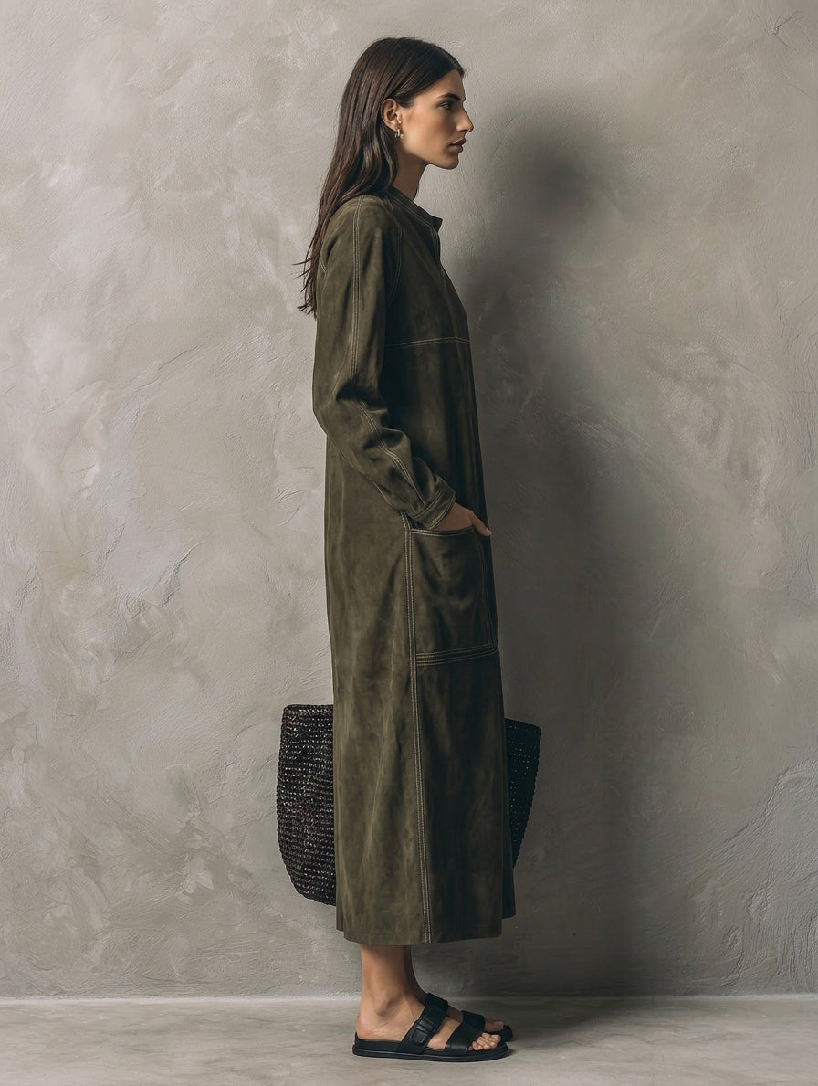 Women's Green Suede Long Sleeve Maxi Dress – ModClo
