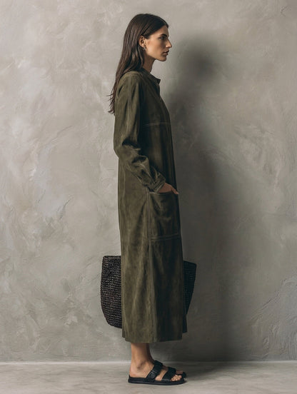 Women's Green Suede Long Sleeve Maxi Dress – ModClo