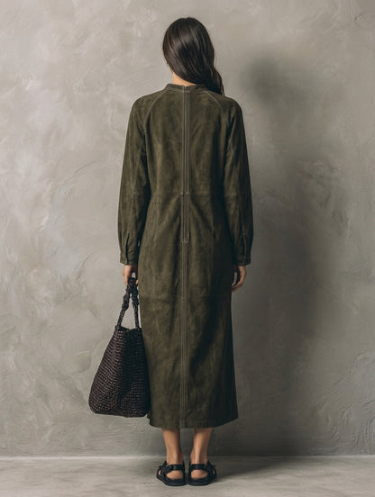 Women's Green Suede Long Sleeve Maxi Dress – ModClo
