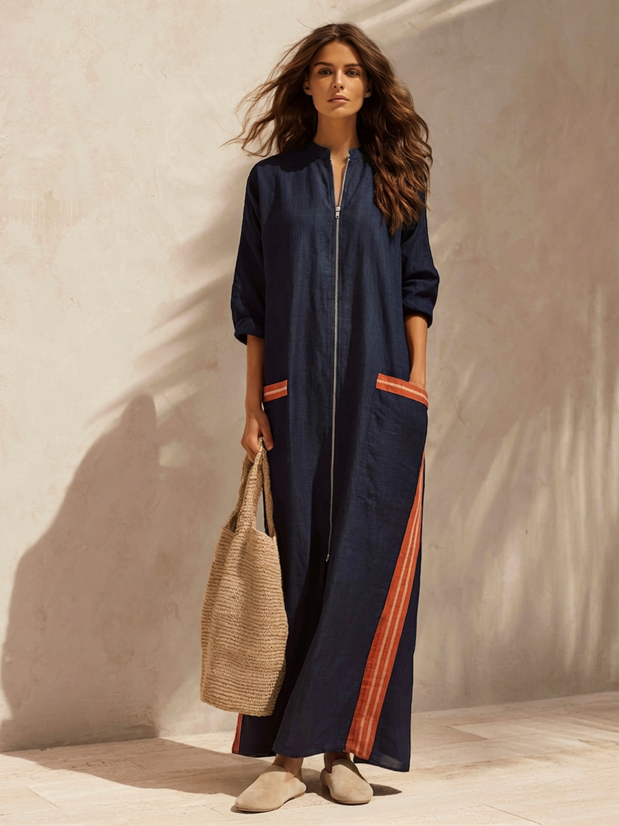 Women's Linen Stand Collar Maxi Dress – ModClo