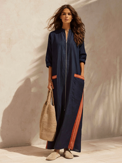 Women's Linen Stand Collar Maxi Dress – ModClo