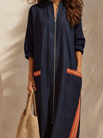 Women's Linen Stand Collar Maxi Dress – ModClo