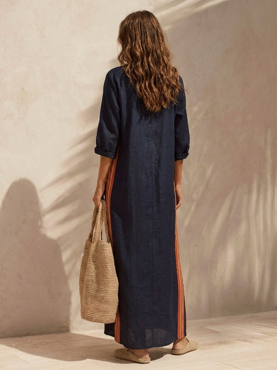 Women's Linen Stand Collar Maxi Dress – ModClo