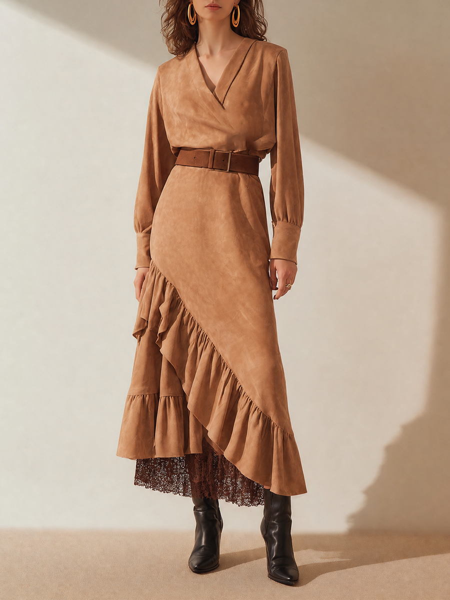 Women's Long Sleeve Belted Asymmetric Midi Dress – ModClo