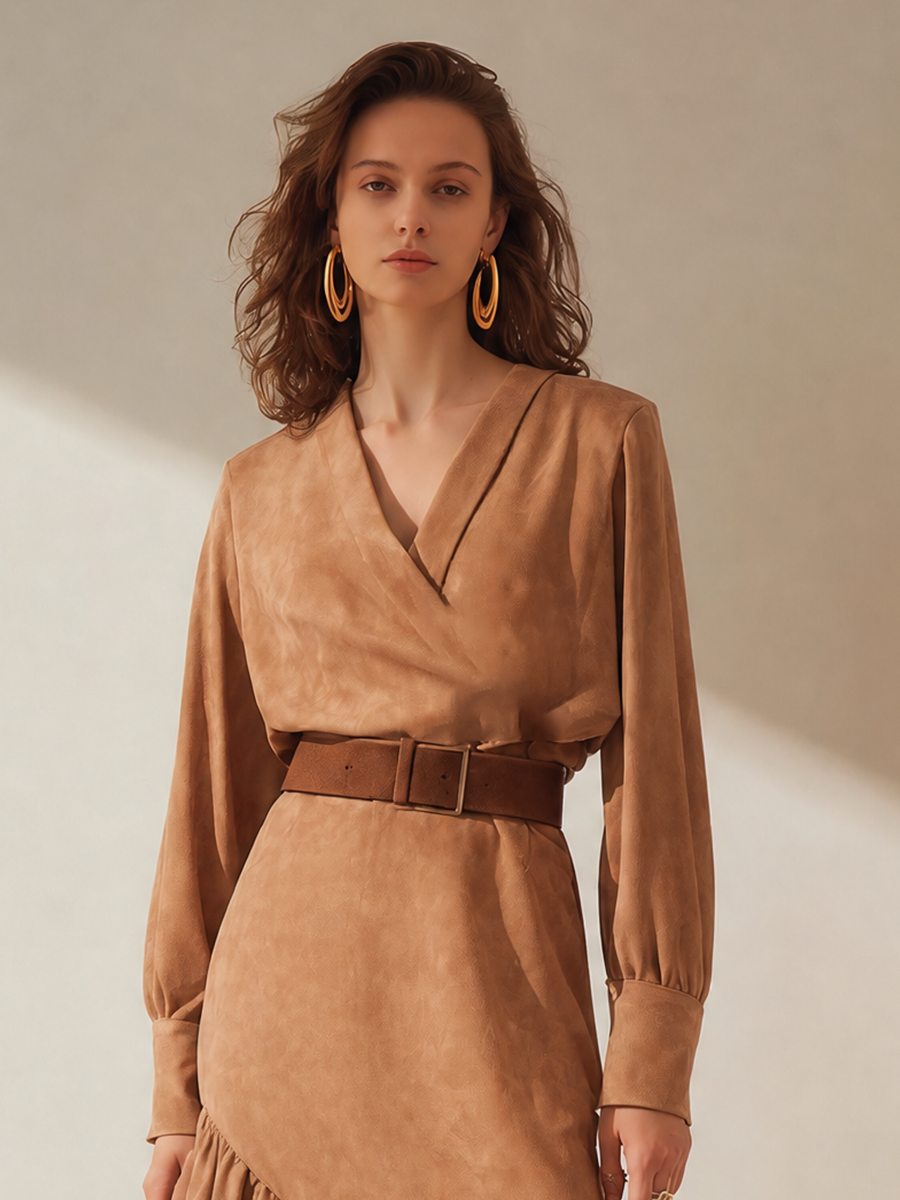 Women's Long Sleeve Belted Asymmetric Midi Dress – ModClo