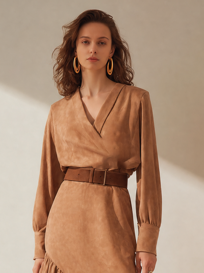 Women's Long Sleeve Belted Asymmetric Midi Dress – ModClo