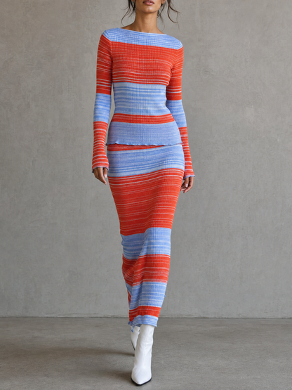 Women's Red Knit Striped Skirt Set – ModClo