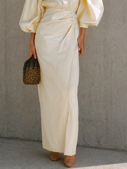 Women's Beige Puff Sleeve Ruched Shirt Dress – ModClo