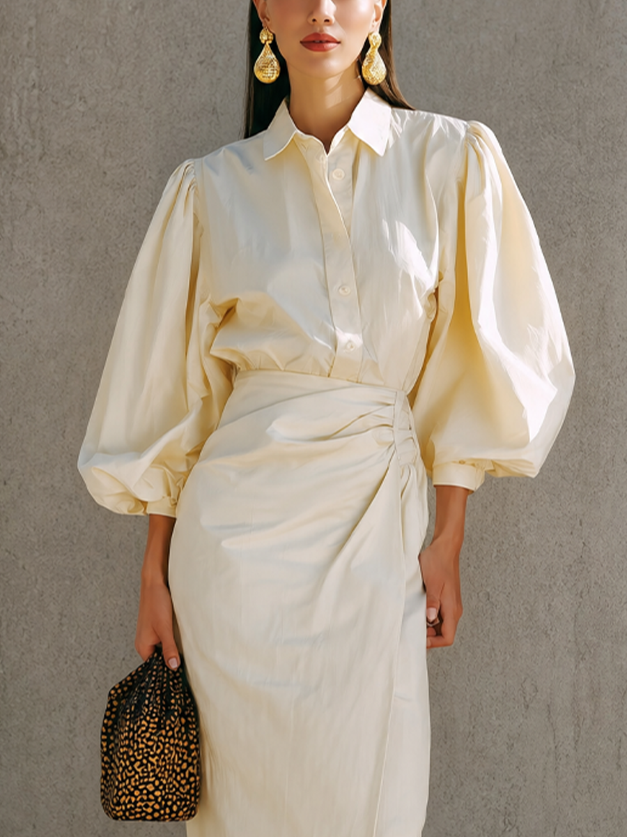 Women's Beige Puff Sleeve Ruched Shirt Dress – ModClo
