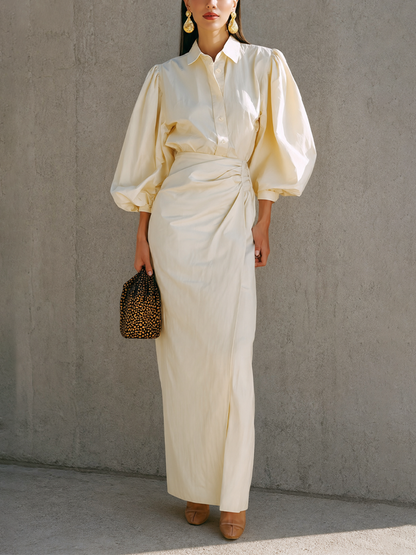 Women's Beige Puff Sleeve Ruched Shirt Dress – ModClo