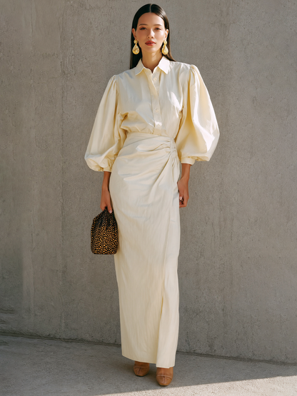 Women's Beige Puff Sleeve Ruched Shirt Dress – ModClo