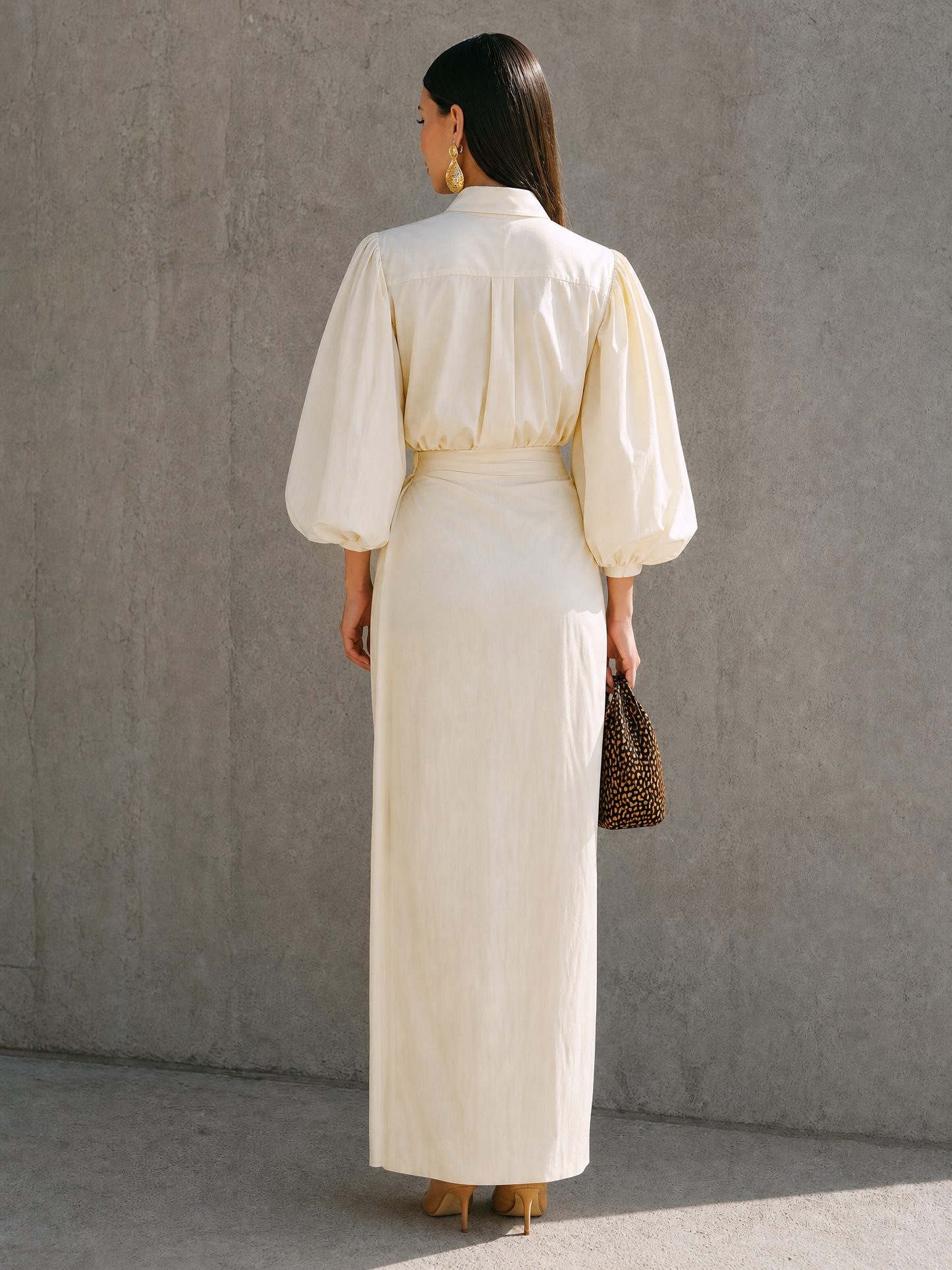 Women's Beige Puff Sleeve Ruched Shirt Dress – ModClo