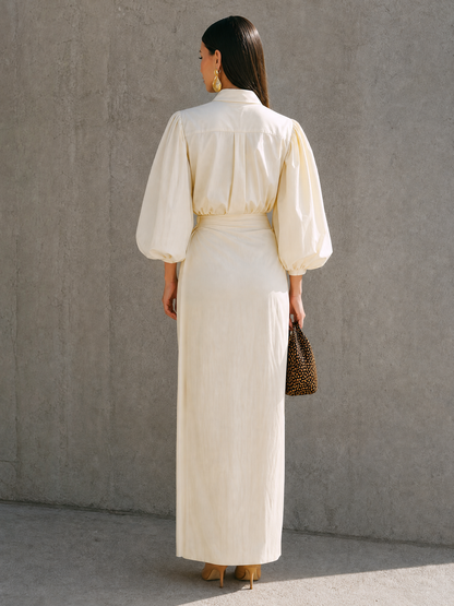 Women's Beige Puff Sleeve Ruched Shirt Dress – ModClo