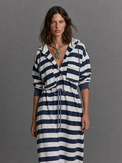 Women's Hooded Drawstring Striped Midi Dress – ModClo