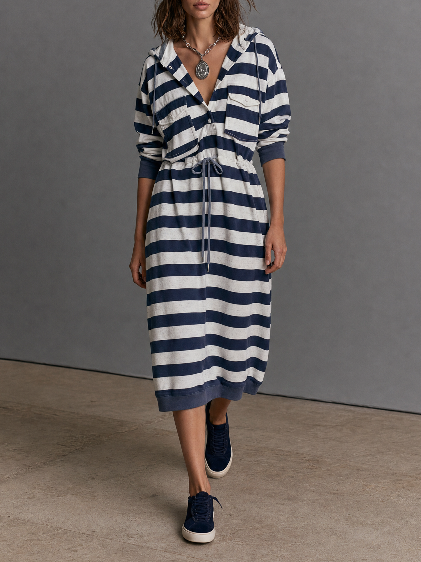 Women's Hooded Drawstring Striped Midi Dress – ModClo