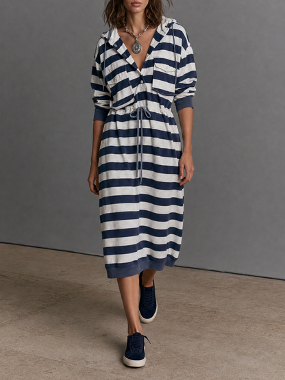 Women's Hooded Drawstring Striped Midi Dress – ModClo