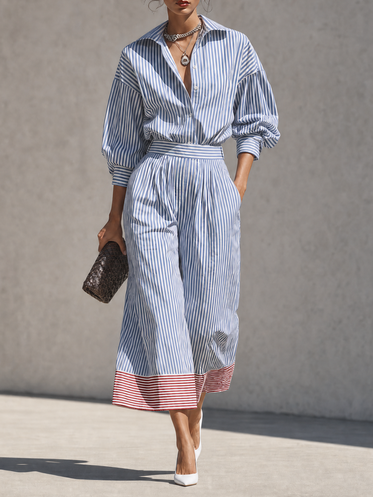 Women's Striped Shirt Color Trouser Set – ModClo