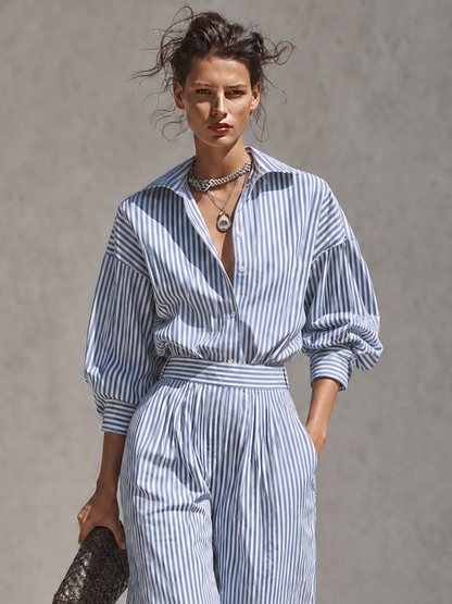Women's Striped Shirt Color Trouser Set – ModClo
