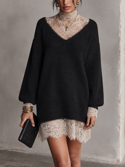Women's Knit Lace Trim Mini Dress – ModClo