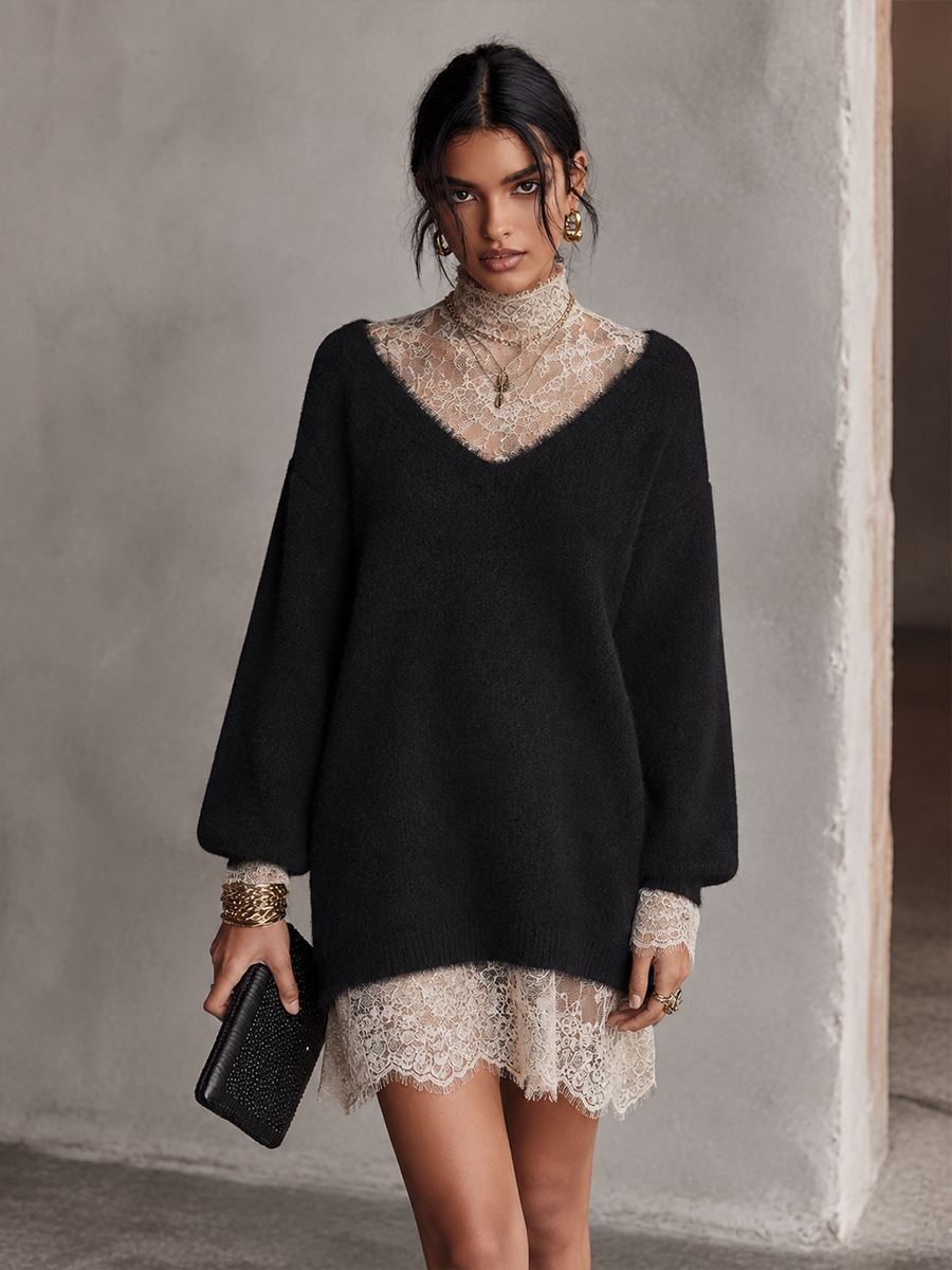 Women's Knit Lace Trim Mini Dress – ModClo